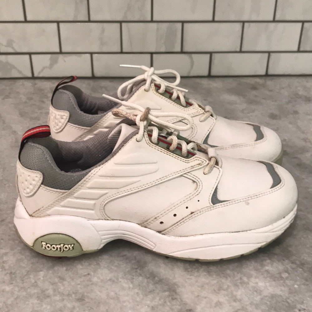 FootJoy Golf Shoes Womens 6.5 White Gray Leather Green Joys 48393‎ Spikes Sports